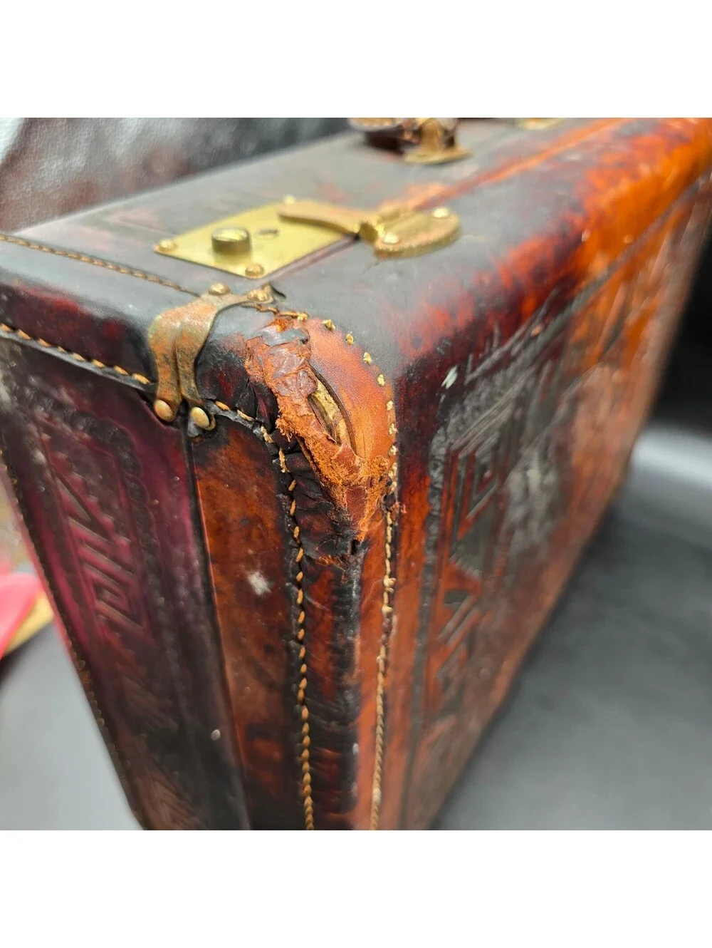 Vintage 1950s House of Oppenheim Mexican Hand Tooled Leather Suitcase Aztec Key